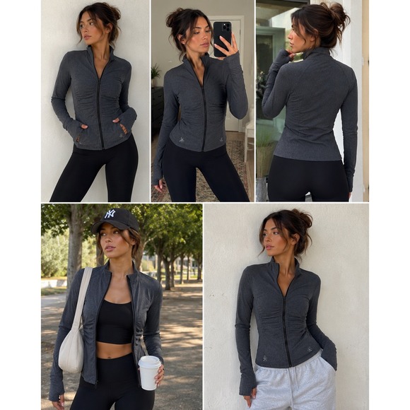 Calvin Klein Performance Tops - Calvin Klein Performance Ruched Full Zip Jacket Charcoal Grey Thumbholes Small
